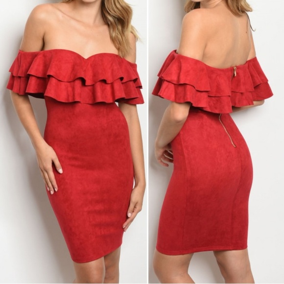 BLACK FAUX SUEDE OFF SHOULDER DRESS - Picture 4 of 6